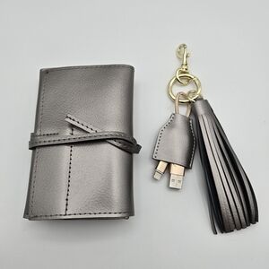 Silver Leather Cord Travel Organizer iPhone Charger Cable Clip On Tassle Key Fob